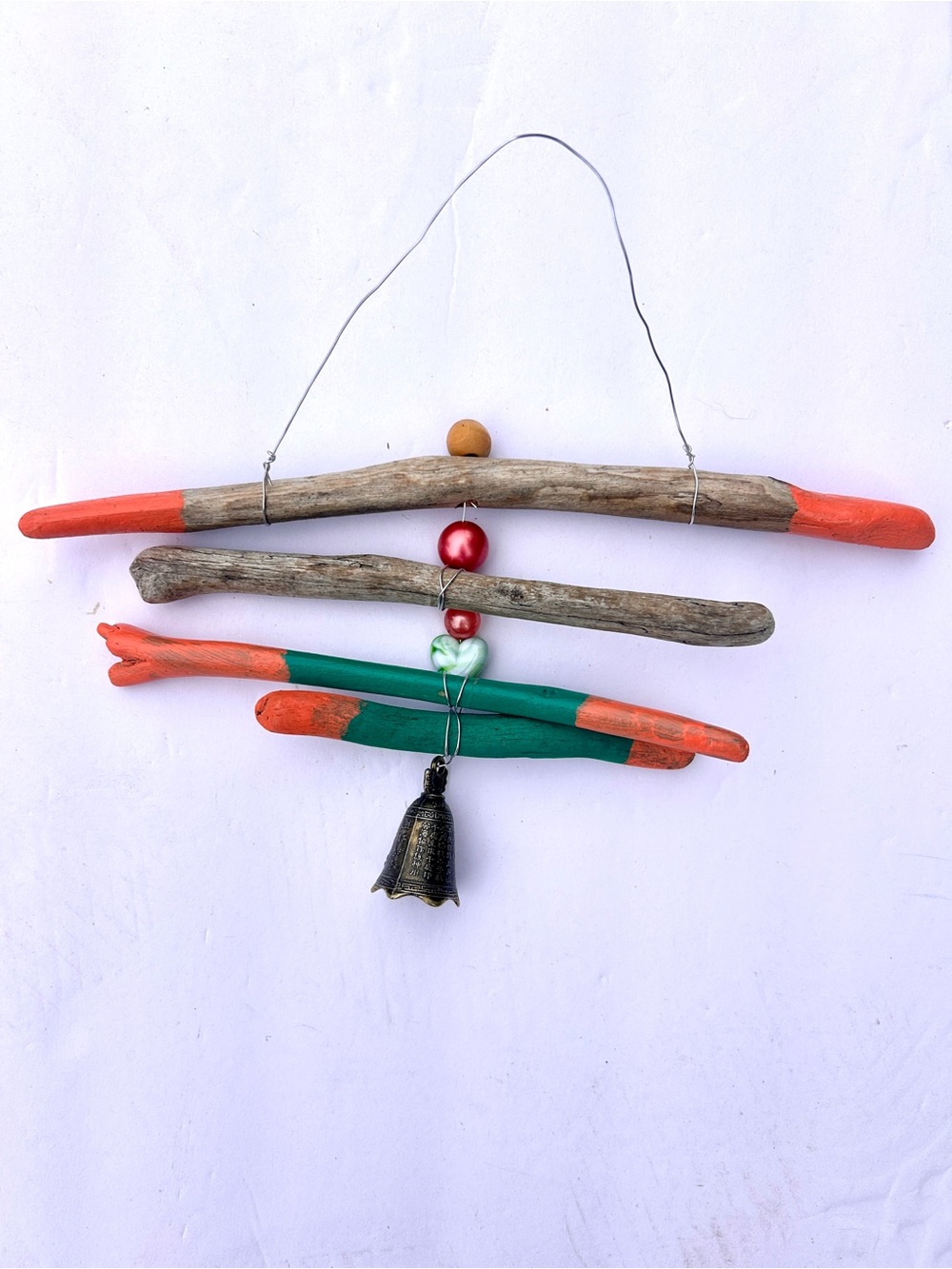 Handmade Driftwood Bell Wall Hanging with Beads - Orange, Green, Natural